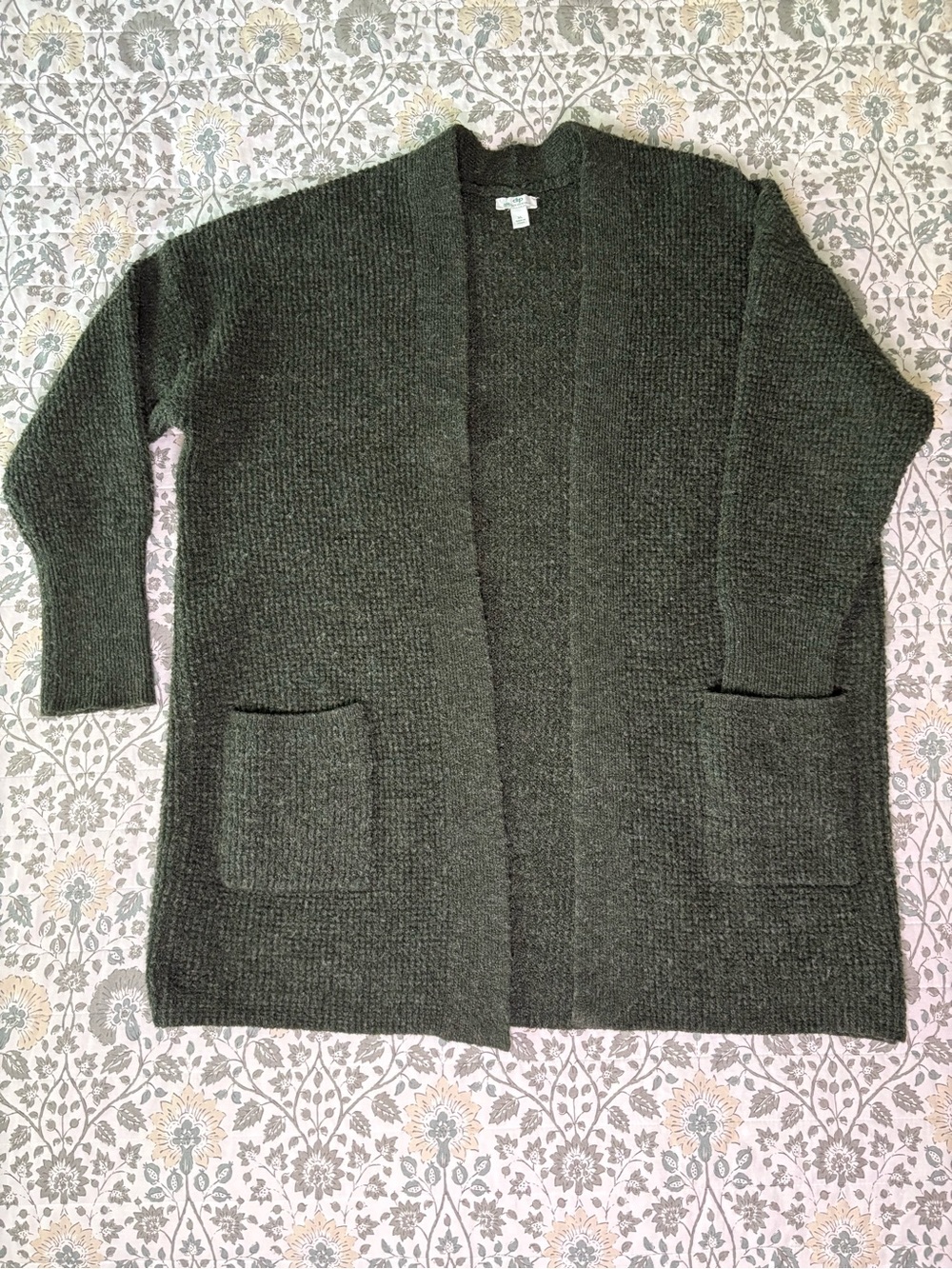 dip Olive Green Open-Front Knit Cardigan with Pockets